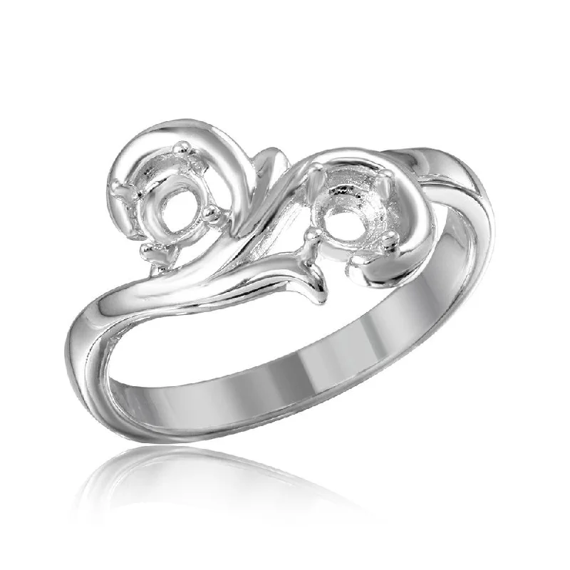 Silver 925 Rhodium Plated Vine Design 2 Stones Mounting Ring - BGR01206