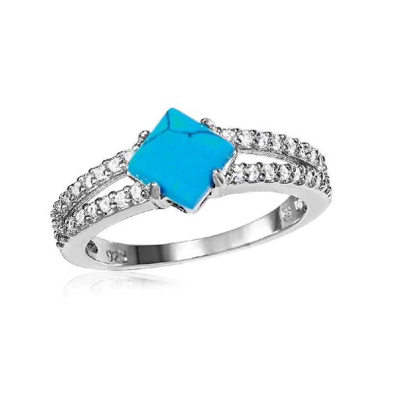 Silver 925 Rhodium Plated Turquoise Center Stone Ring with CZ Shank - BGR01057