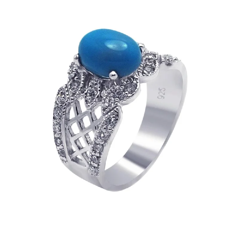 Silver 925 Rhodium Plated Turquoise Center Clear Pave Set CZ Filigree Ring - AAR0085