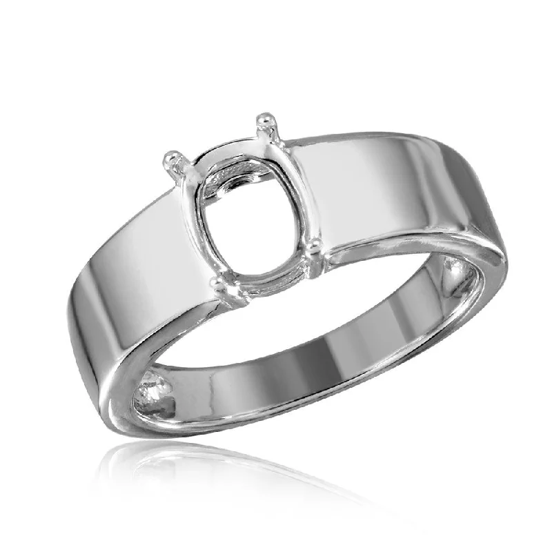 Silver 925 Rhodium Plated High Polished Band Single Stone Mounting Ring - BGR00935