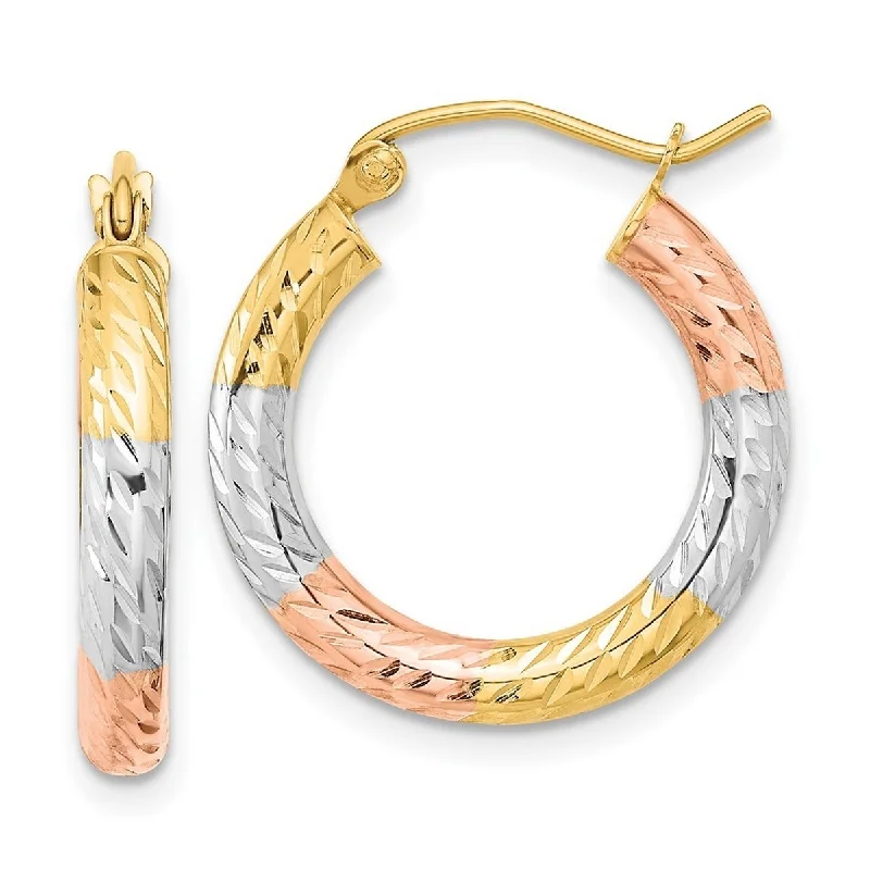 Curata 14k Yellow Gold With White and Rose Rhodium Sparkle Cut Swirl Hoop Earrings 20.8x2mm