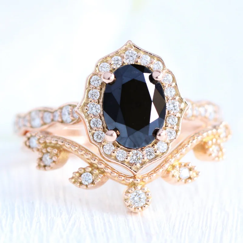 Vintage Floral Black Diamond Ring Set w/ Oval Diamond and Curved Leaf Band