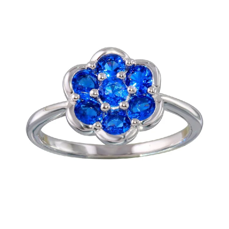 Rhodium Plated 925 Sterling Silver Blue CZ Flower Ring - BGR01152BLU