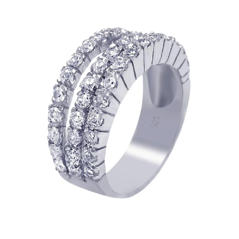 Silver 925 Rhodium Plated 3 Row Clear CZ Ring - AAR0011