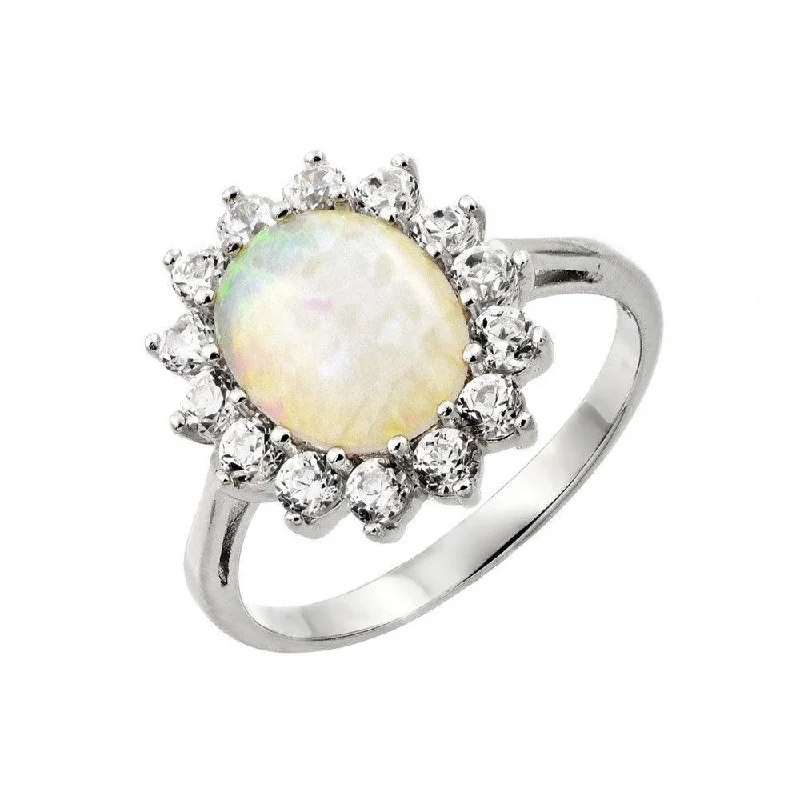 Silver 925 Rhodium Plated White Opal Center Clear CZ Sun Ring - STR00991