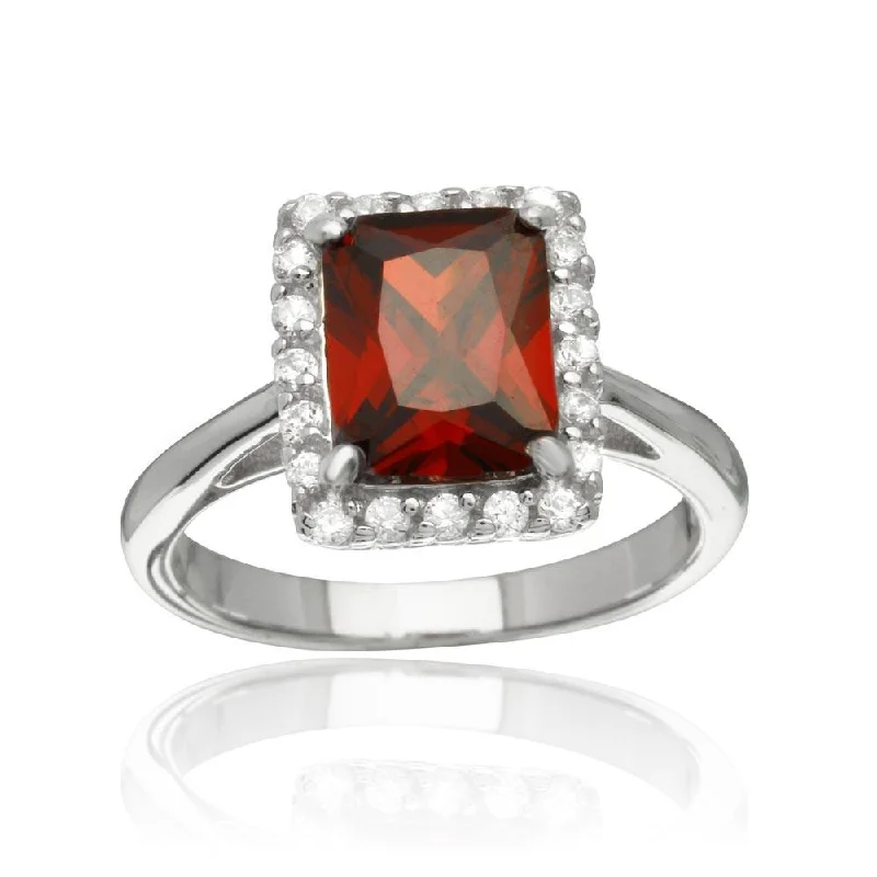 Rhodium Plated 925 Sterling Silver Square Red CZ Halo Ring - BGR01113RED