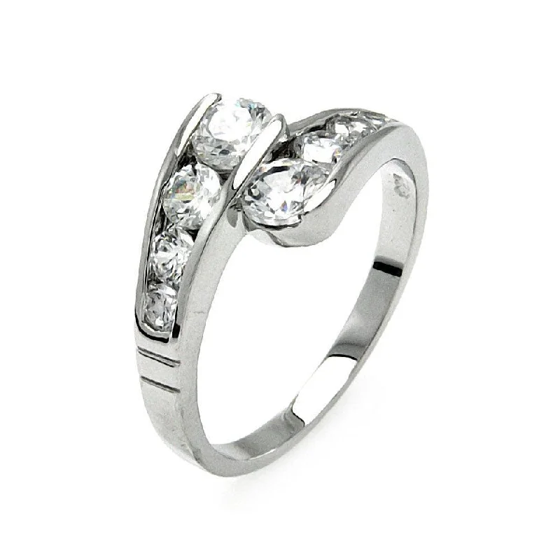 Silver 925 Rhodium Plated Clear Channel Set CZ Overlap Ring - BGR00558