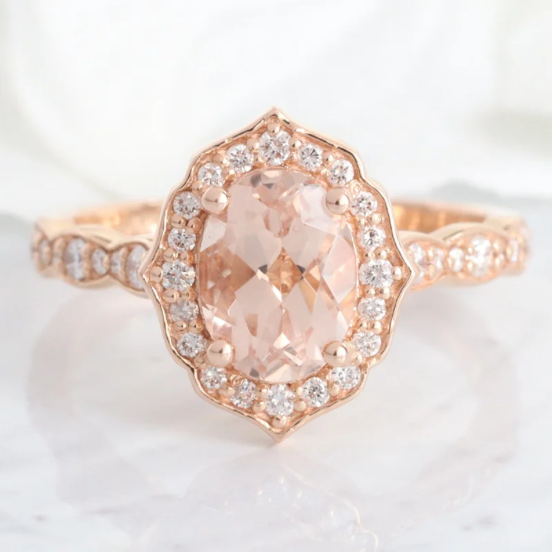 Oval Morganite Diamond Ring in 14k Rose Gold Vintage Floral, Size 5.75