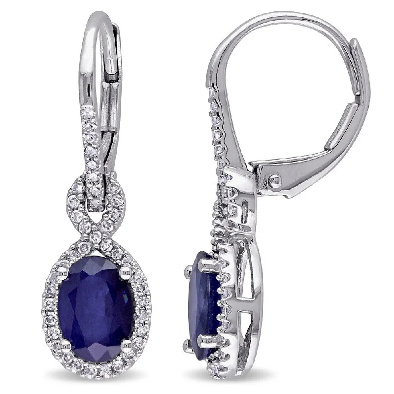 Miadora Signature Collection 10k White Gold Diffused Sapphire and 1/4ct TDW Diamond Halo Birthstone Leverback Earrings - Blue