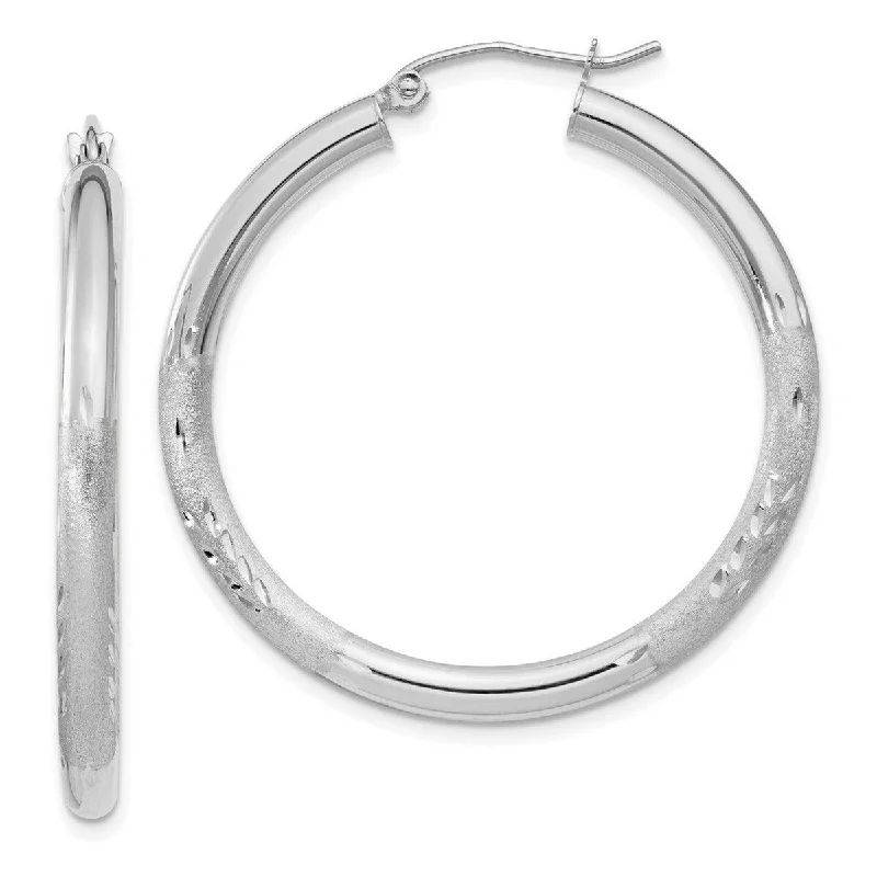 Curata 10k White Gold Polished and satin Satin and Sparkle Cut 3mm Round Hoop Earrings - 30x36.34mm