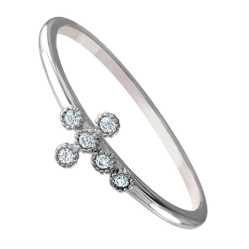 Silver 925 Rhodium Plated Round Band with CZ Cross Ring - GMR00072