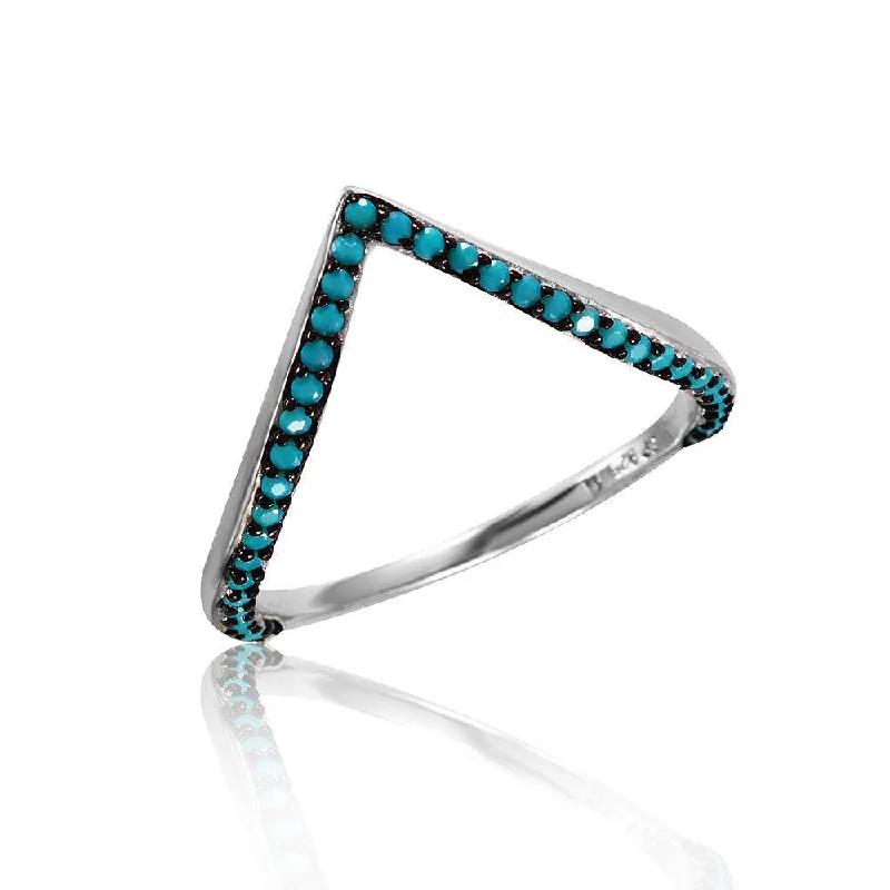 Silver 925 Rhodium Plated V Ring with Synthetic Turquoise Stones - STR01054