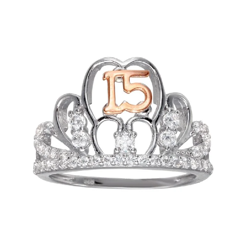 Two-Tone 925 Sterling Silver CZ Quinceanera Tiara Ring - GMR00306RHR