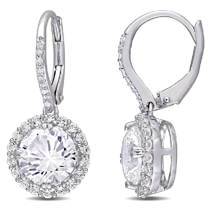 Miadora Sterling Silver Created White Sapphire and 1/10ct TDW Diamond Halo Leverback Earrings