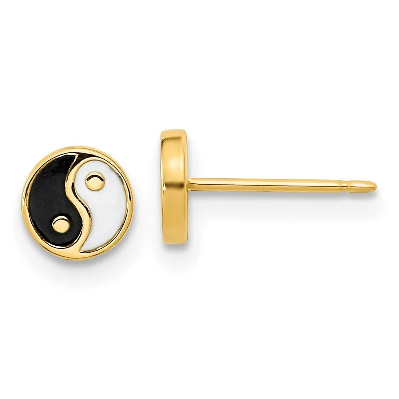 Curata 14k Yellow Gold 5.75mm Black White Enamel Yin Yang Post Earrings