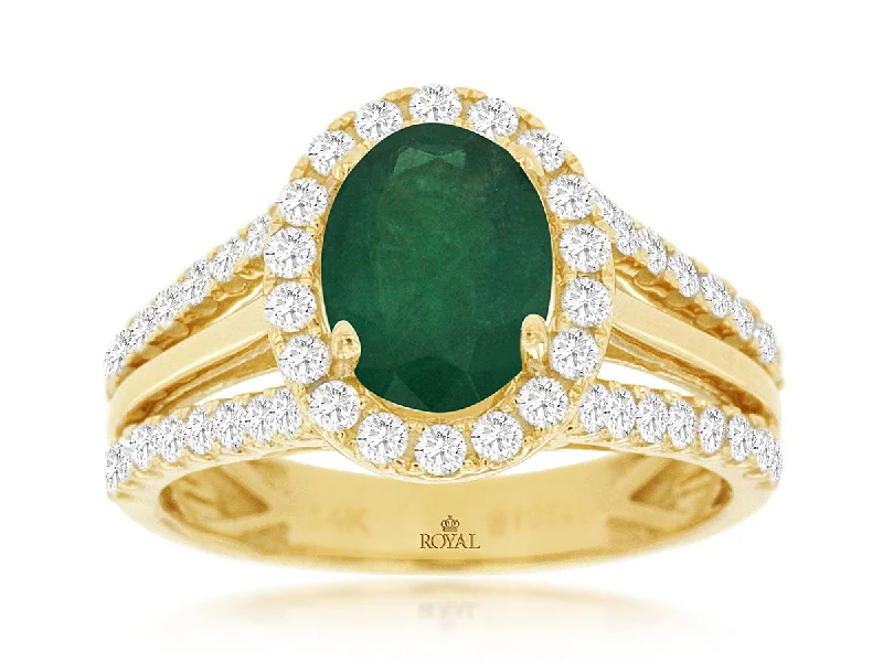 14K Yellow Gold 1.60ct Emerald & 0.82cttw G/H SI Diamond Ring