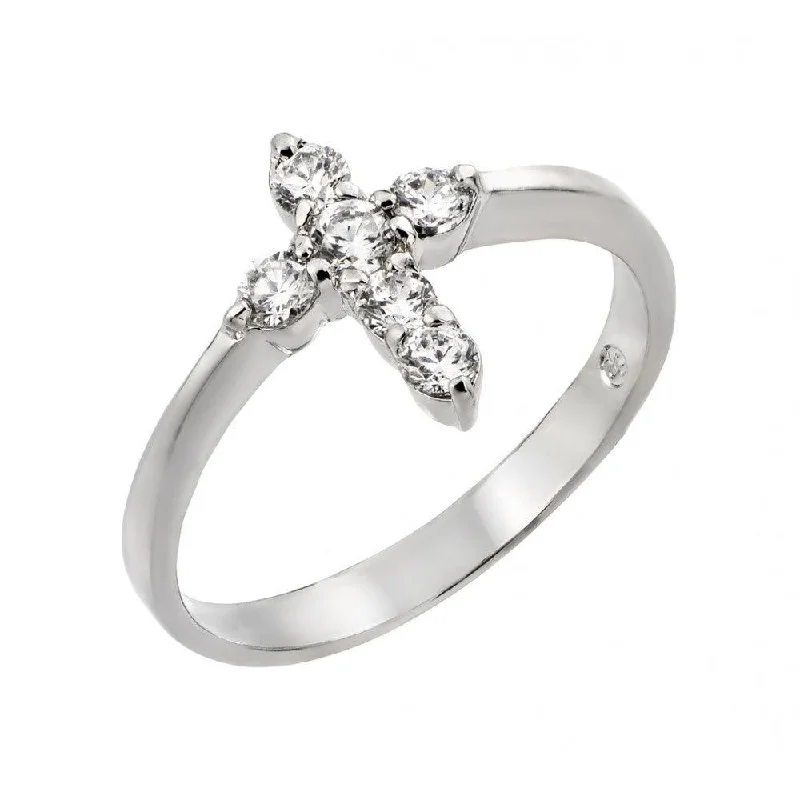 Silver 925 Rhodium Plated Clear CZ Mini Cross Ring - BGR00768