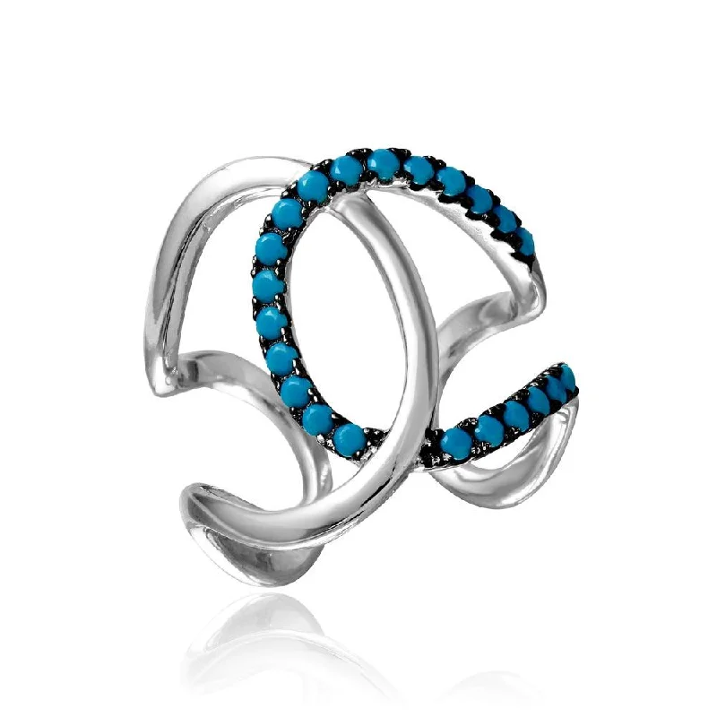 Rhodium Plated 925 Sterling Silver Open Ended Interlock Ring with Turquoise Stones - BGR01099