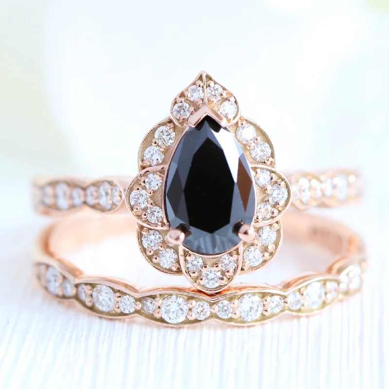 Vintage Floral Black Diamond Ring Set w/ Pear Diamond and Matching Wedding Band