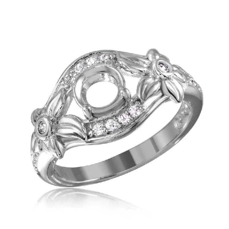 Silver 925 Rhodium Plated Flower Shank Single Stone Mounting Ring - BGR00814