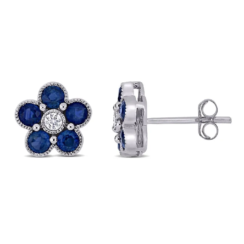 Miadora 14k White Gold Blue Sapphire and 1/10ct TDW Flower Stud Earrings