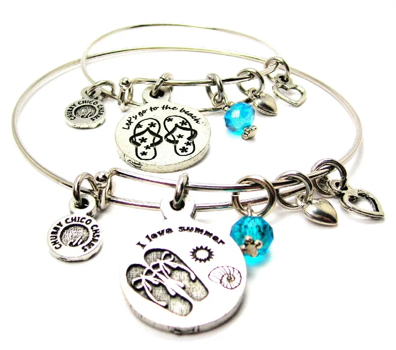 I Love Summer And Lets Go To The Beach Adult And Child Matching Expandable Bangle Bracelets