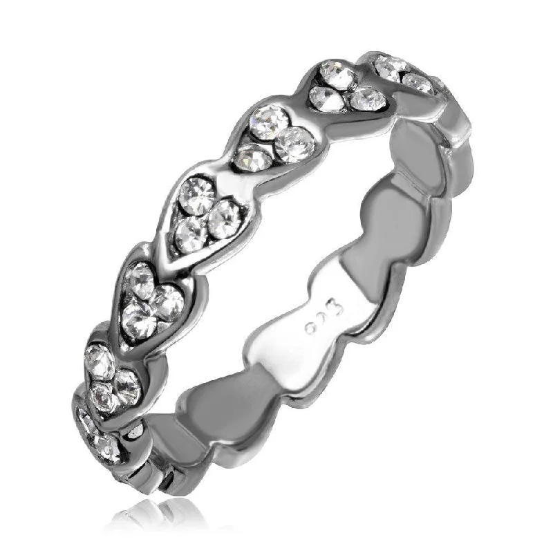 Silver 925  Rhodium Plated Mini Heart Shaped Eternity Ring with CZ - AAR0008