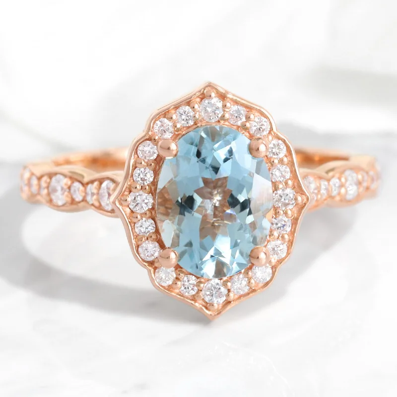 Oval Aquamarine Diamond Ring in 14k Rose Gold Vintage Floral, Size 5.75