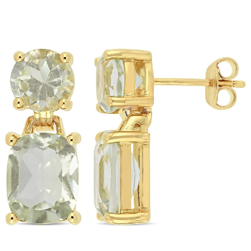 Miadora Yellow Plated Sterling Silver Cushion-Cut Green Amethyst Drop Earrings