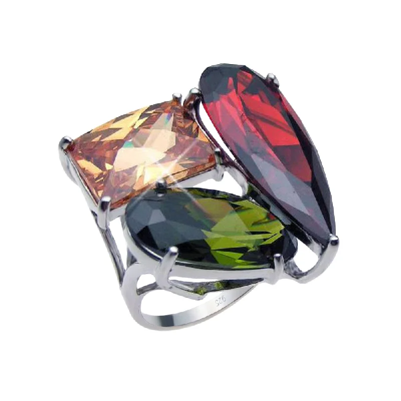 Clearance-Silver 925 Rhodium Plated Large Multi Colored CZ Shaped Ring - BGR00187