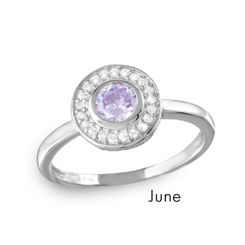 June Sterling Silver 925 Rhodium Plated CZ Center Birthstone Halo Ring - BGR01082JUN