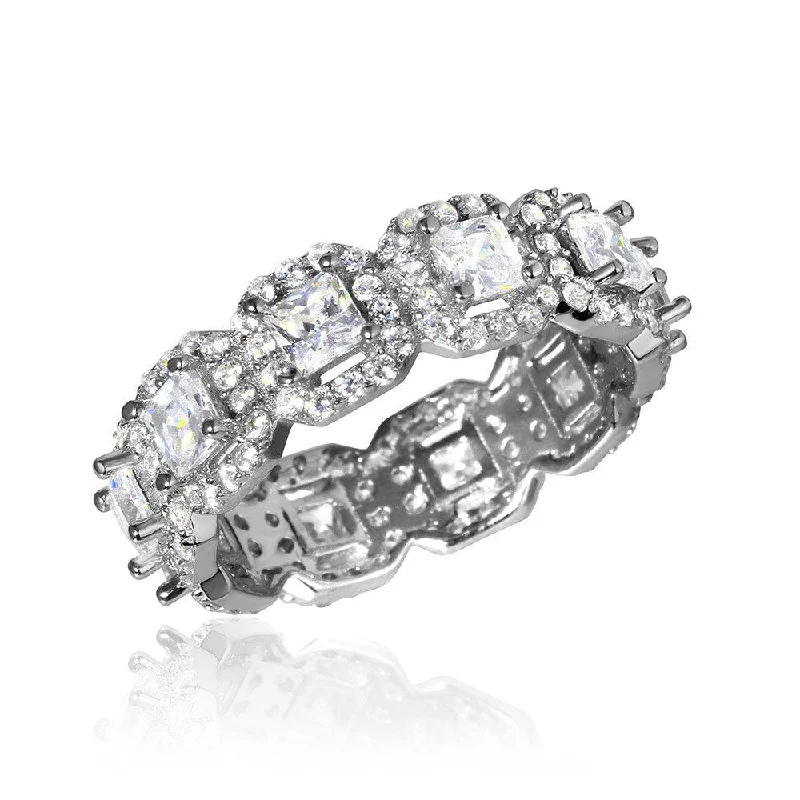 Silver 925 Rhodium Plated Eternity Band with Micro Pave Square and Round CZ - GMR00126