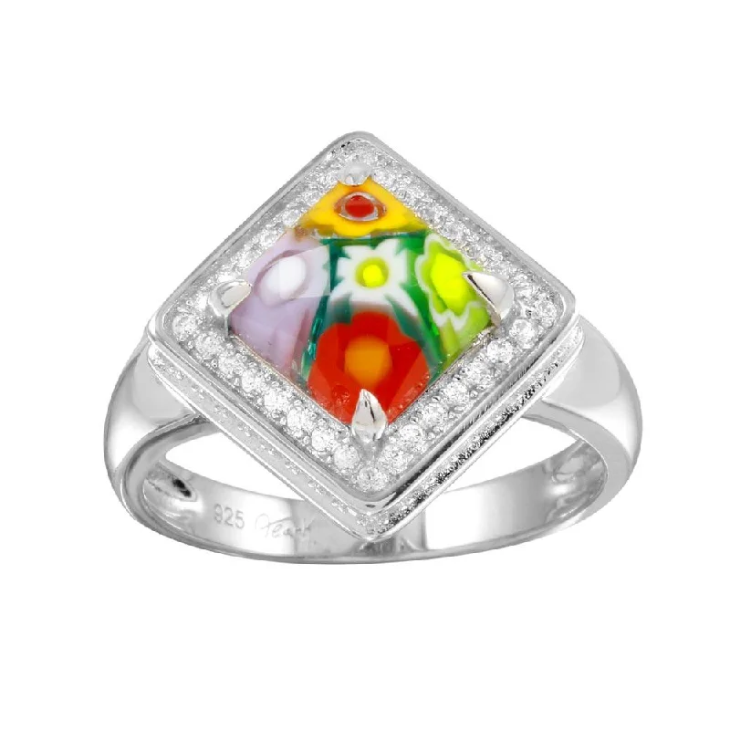 Rhodium Plated 925 Sterling Silver Square Halo CZ Murano Glass Ring - MR00009