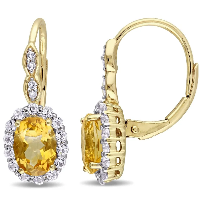 Miadora 14k Yellow Gold Oval-cut Citrine White Topaz and Diamond Accent Halo Leverback Earrings