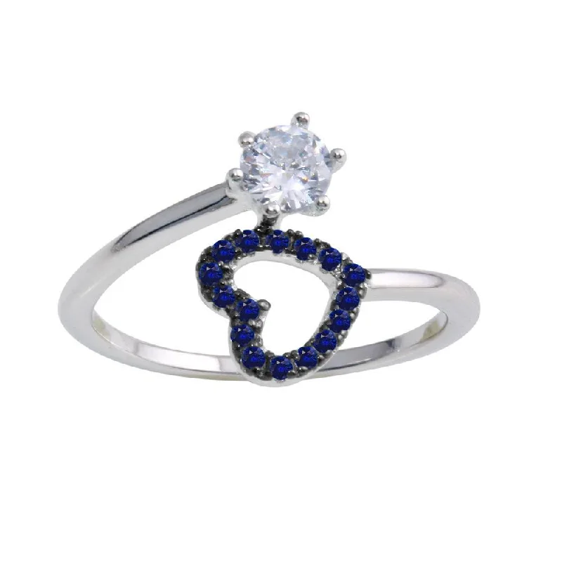 Rhodium Plated 925 Sterling Silver Open Heart Ring with Blue and Clear CZ - BGR01221BLU