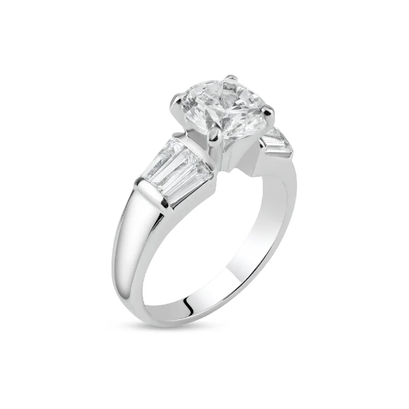 Rhodium Plated 925 Sterling Silver Clear Baguette Round Center CZ Bridal Ring - BGR00015