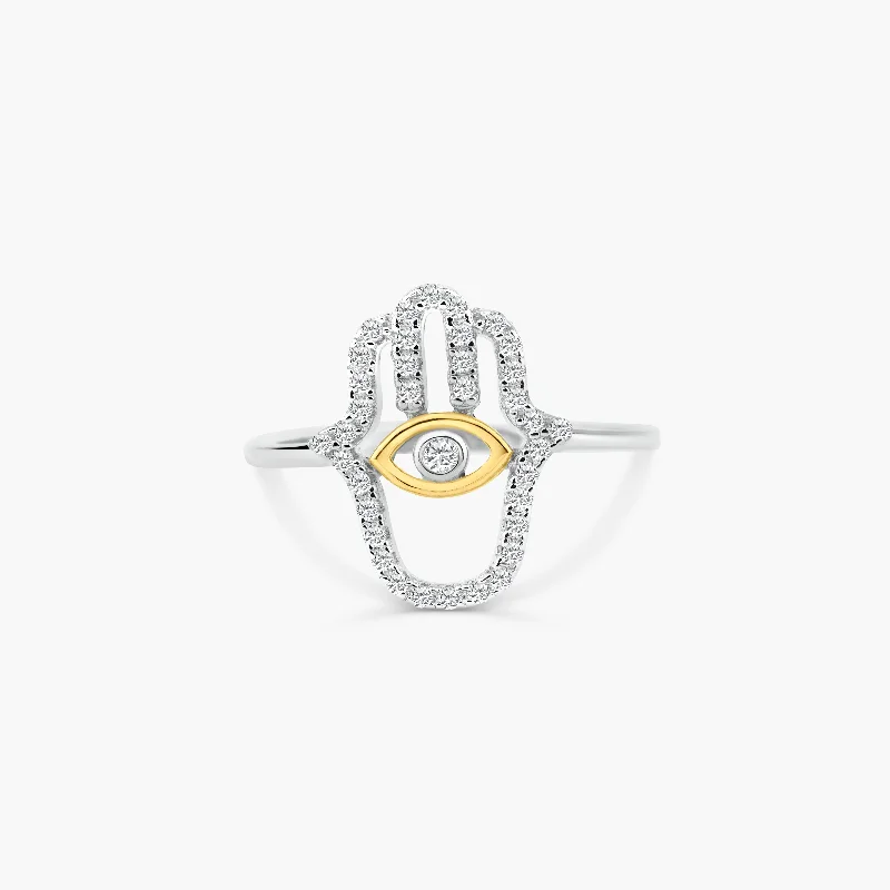 925 Sterling Silver 2 Toned Plated Hamsa Hand Clear CZ Ring - BGR01359