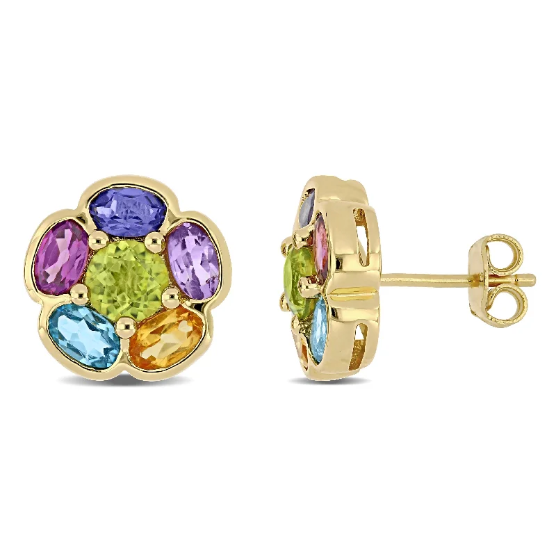 Miadora Yellow Plated Sterling Silver Multi-Color Halo Floral Stud Earrings