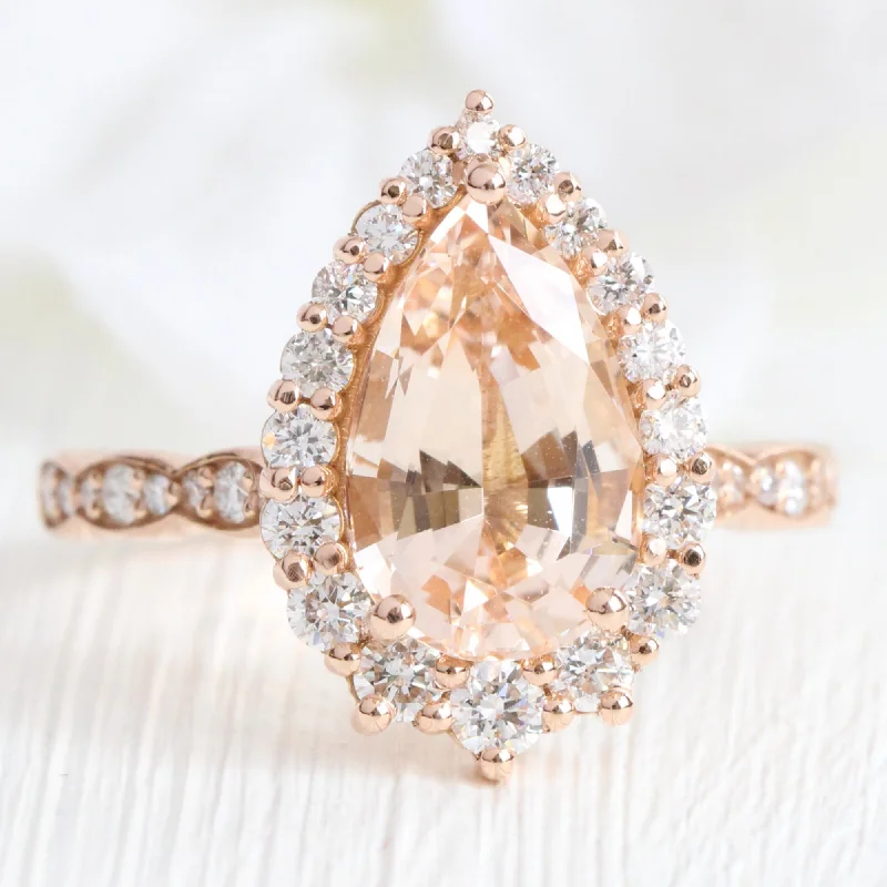 Large Pear Morganite Diamond Ring in 14k Rose Gold Tiara Halo Scalloped, Size 7.75