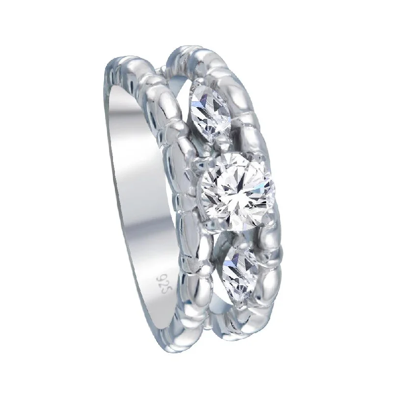 Silver 925 Rhodium Plated Clear Round and Marquise CZ Ring - AAR0031