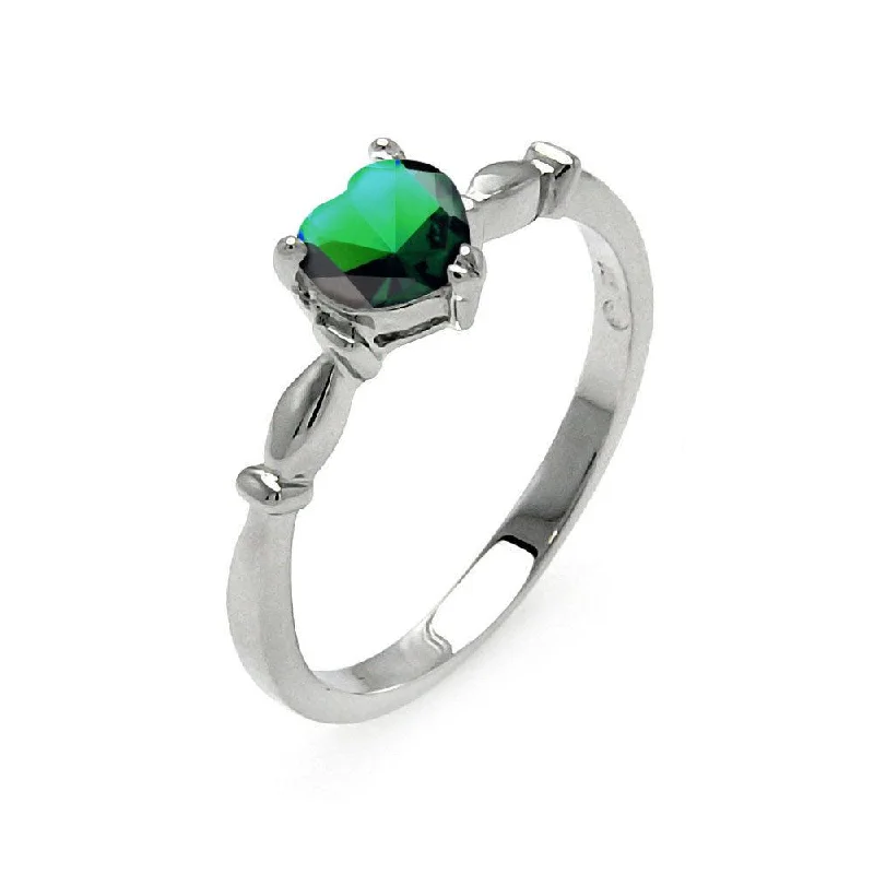 Rhodium Plated 925 Sterling Silver CZ Heart Green May Ring - BGR00521MAY