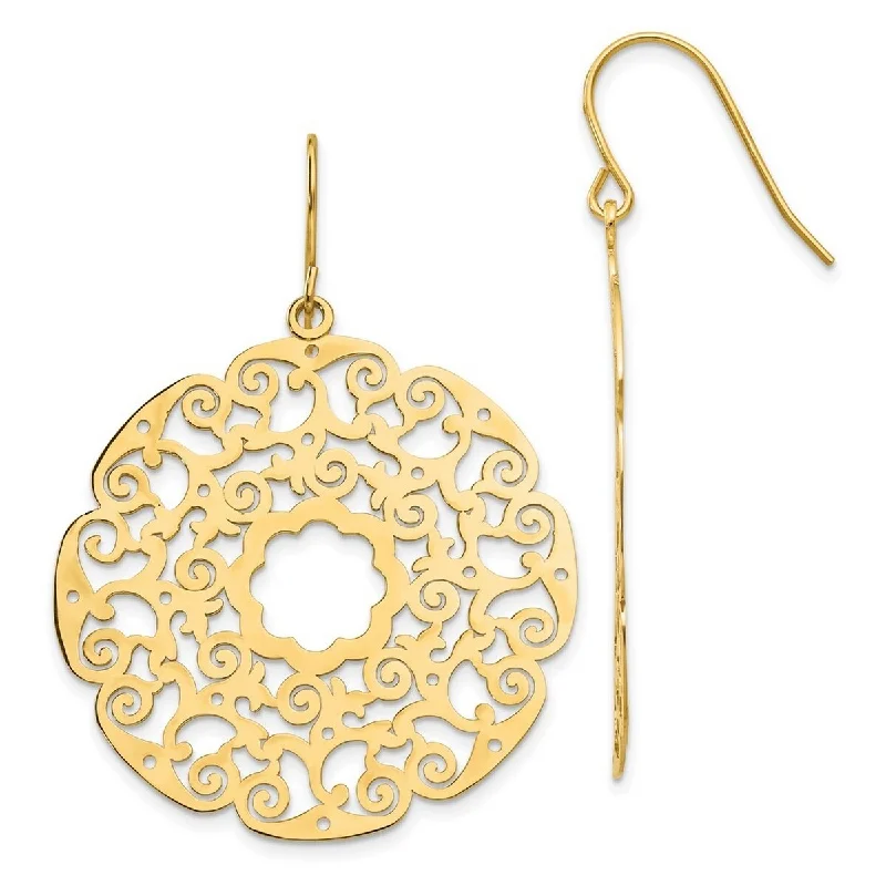 Curata 14k Yellow Gold 48x35mm Lace Filigree Disk Hook Dangle Earrings