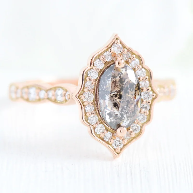 Marquise Salt and Pepper Diamond Ring in 14k Rose Gold Vintage Floral Ring, Size 6