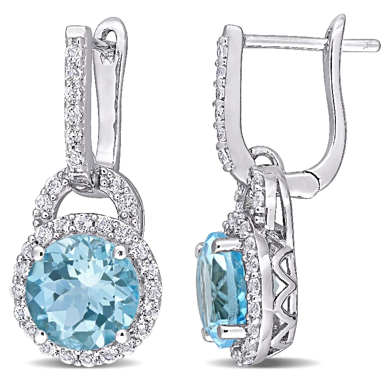 Miadora Sterling Silver Sky-Blue and White Topaz Halo Dangle Cuff Earrings - 23.6 mm x 10.7 mm x 9.1 mm