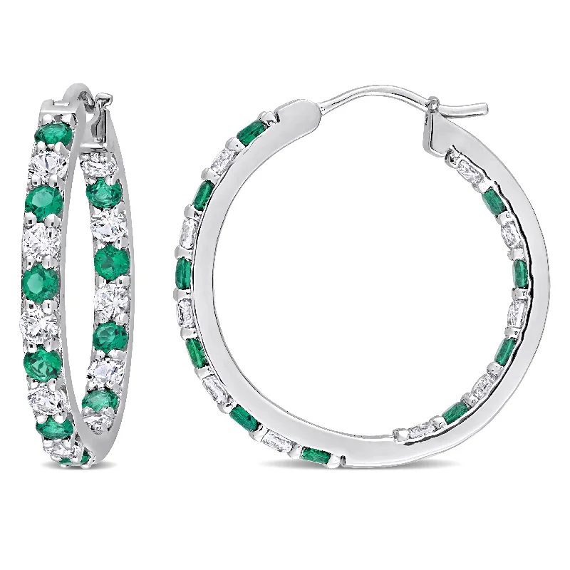 Miadora Created Emerald and Created White Sapphire Inside Outside Hoop Earrings in Sterling Silver