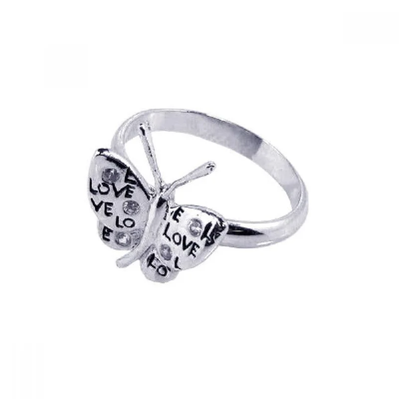 Silver 925 Rhodium Plated CZ Love Butterfly Ring - STR00403