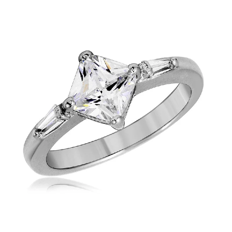 Silver 925 Rhodium Plated Baguette CZ Shank with Diamond Shape Center Stone Ring - BGR01064