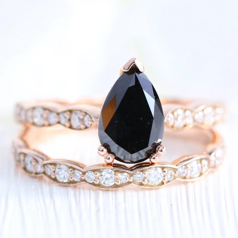 Grace Solitaire Black Diamond Ring Set w/ Pear Diamond and Matching Wedding Band