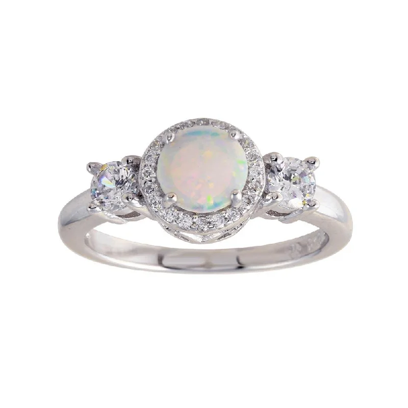 Rhodium Plated 925 Sterling Silver Round Opal Stone Halo CZ Ring - BGR01276