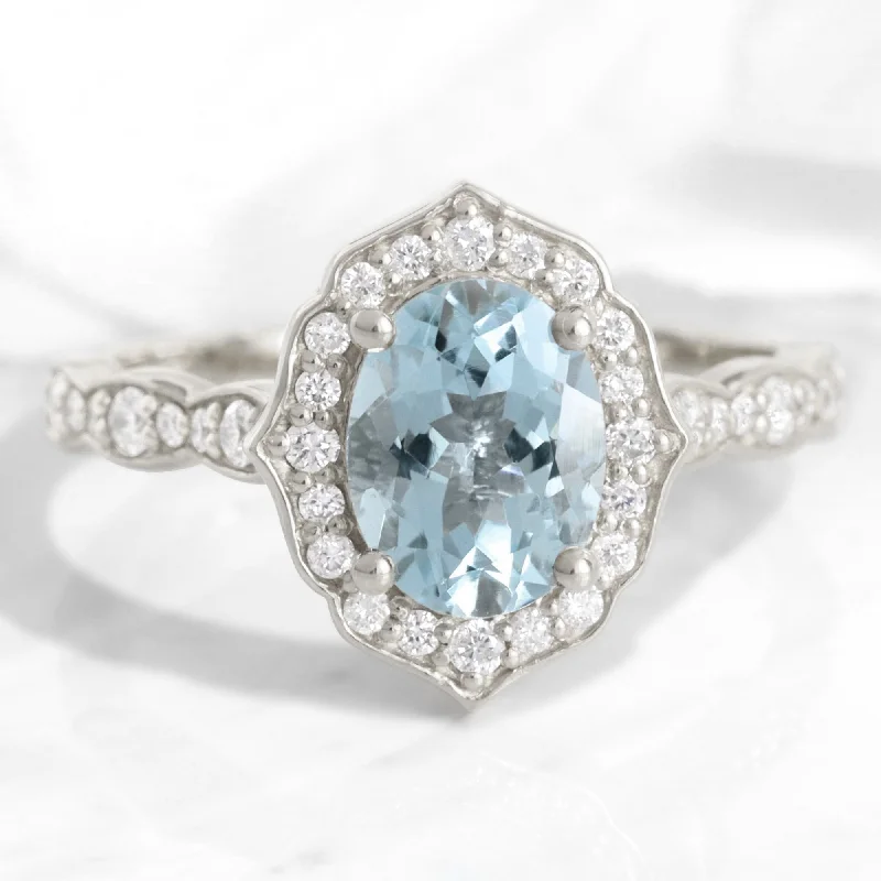 Oval Aquamarine Diamond Ring in 14k White Gold Vintage Floral, Size 6